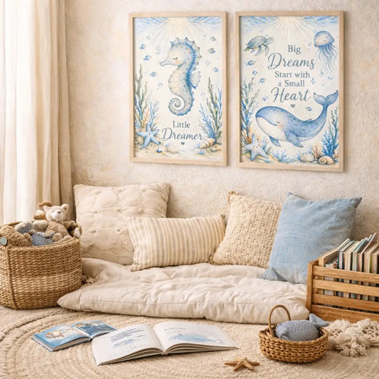 Deux affiches animaux marins encadrées avec illustrations aquarelle de hippocampe et baleine pour deco bord de mer wall art