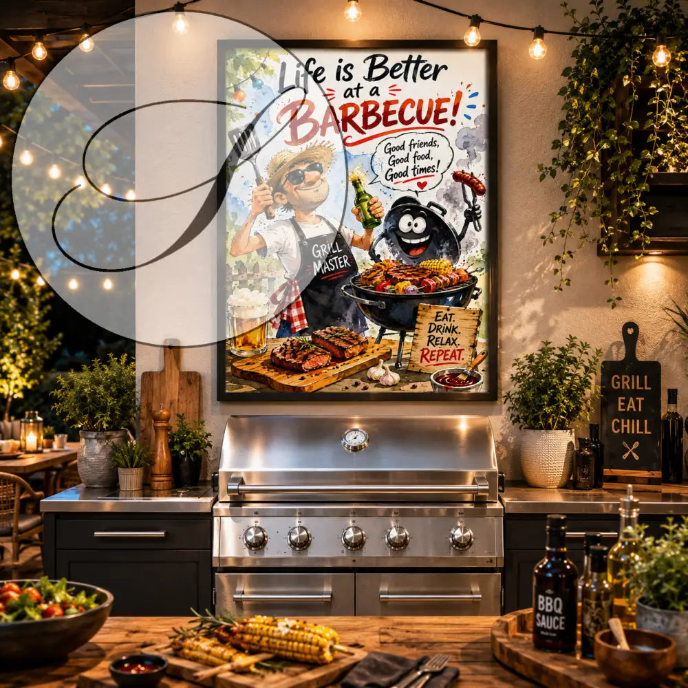 Affiche encadrée hh avec illustration barbecue et texte rouge vie est meilleure au barbecue sur fond blanc