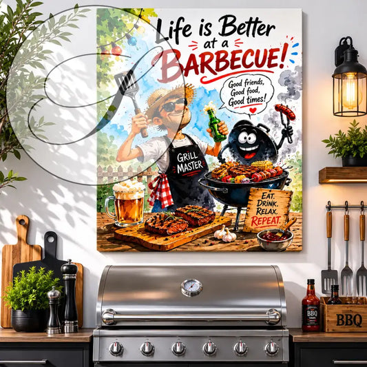 Impression sur toile barbecue hh avec un maître du grill souriant et un barbecue au charbon joyeux en plein air