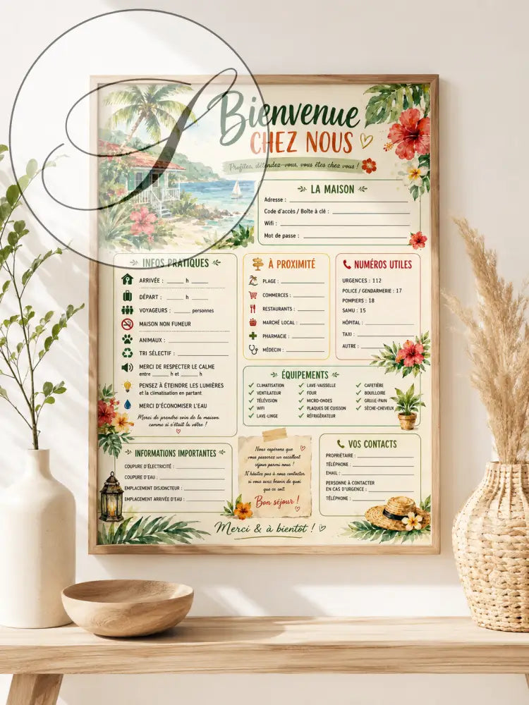 Affiche bienvenue maison tropicale beige avec hibiscus rouges et feuillage vert pour location saisonnière