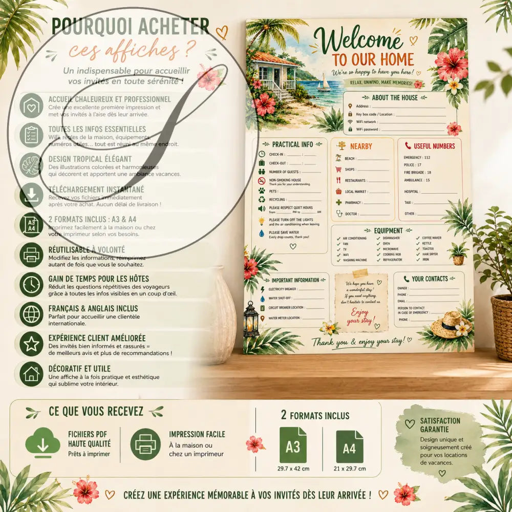 Affiche bienvenue maison tropicale avec maison de plage et motifs floraux, téléchargement immédiat