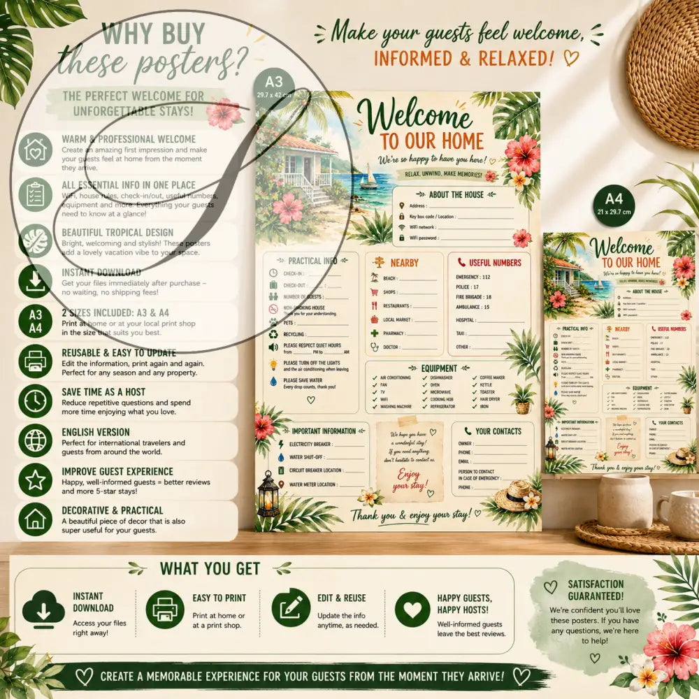 Affiche bienvenue maison avec illustration de cottage en bord de mer et accents floraux roses et verts pour location