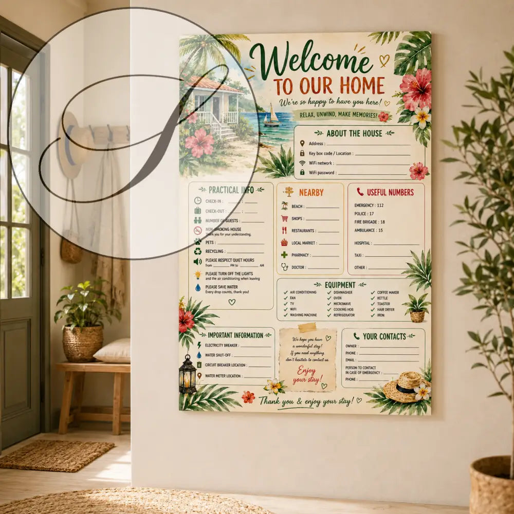 Affiche bienvenue maison tropicale avec fleurs hibiscus roses, feuilles de palmier vertes et illustration de maison plage