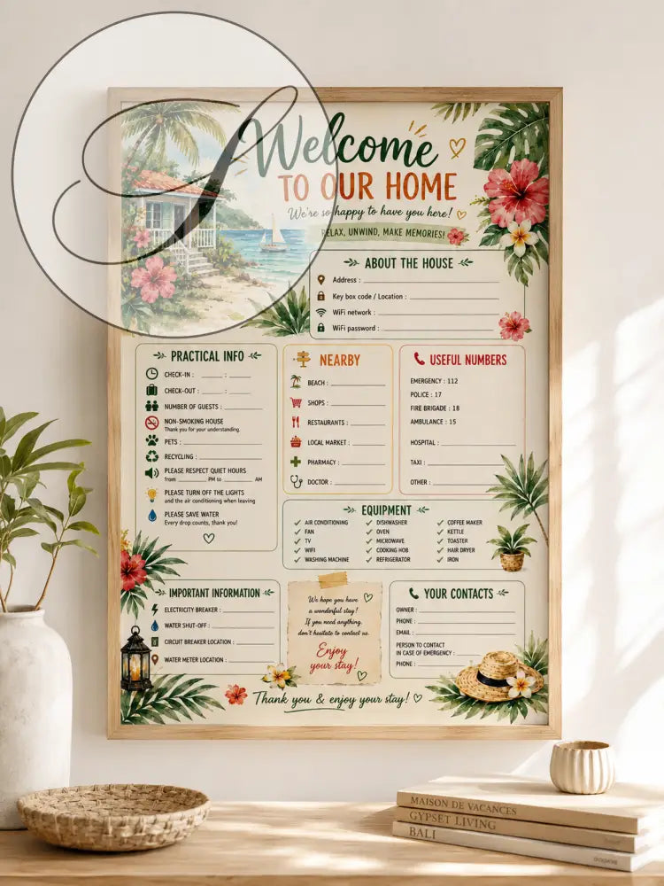 Affiche bienvenue maison tropicale avec palmiers, hibiscus et chalet de plage pastel à télécharger