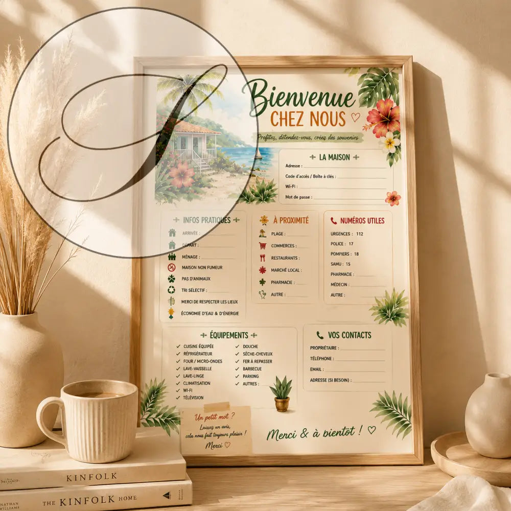 Affiche bienvenue maison tropicale encadrée avec maison de plage, feuilles de palmier et fleurs d'hibiscus pastel