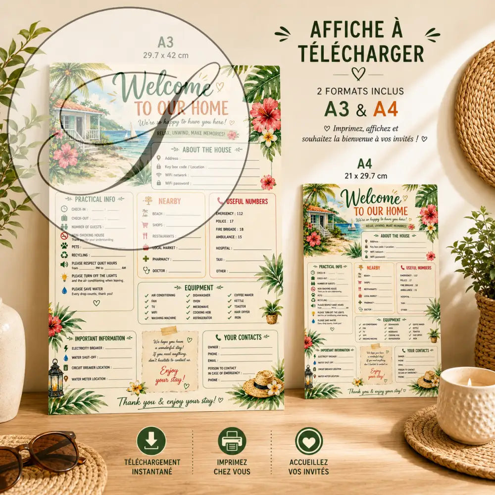 Affiche bienvenue maison tropicale avec bordures florales et cottage en bord de mer, A3 et A4 à télécharger