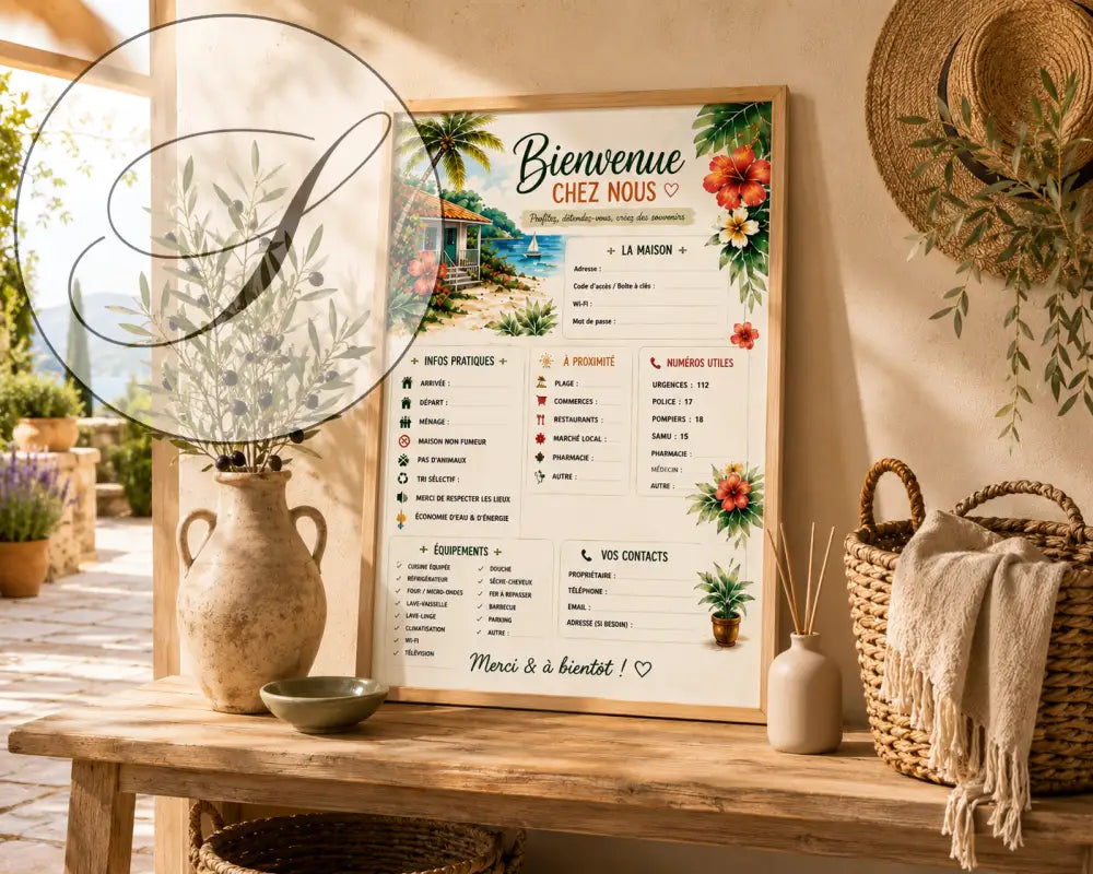 Affiche bienvenue maison encadrée avec motif floral tropical coloré et bordure en bois rustique