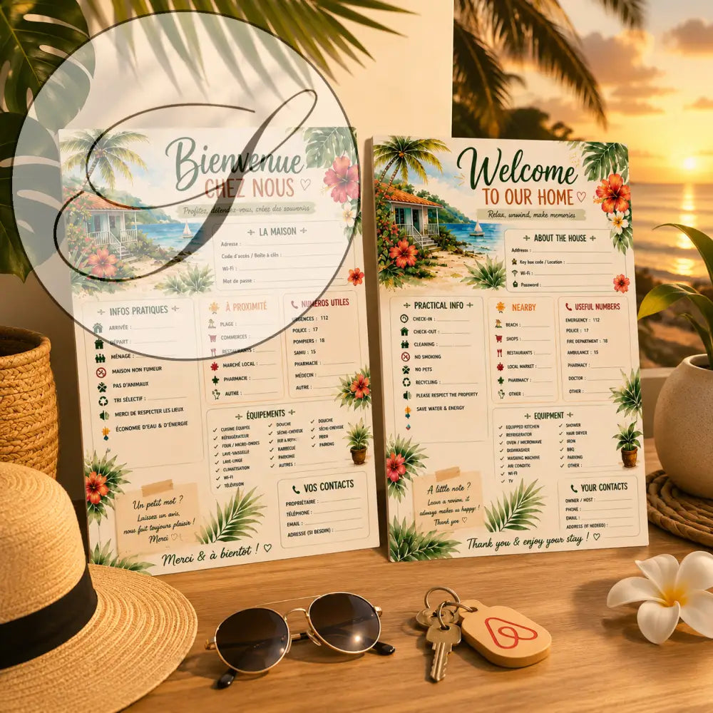 Affiche bienvenue maison avec illustration de cottage plage, palmier et hibiscus en couleurs pastel pour location