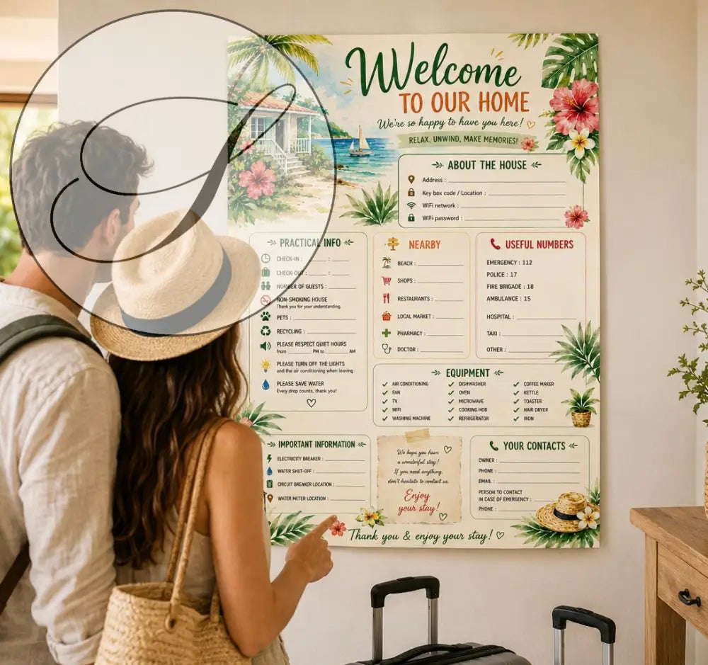 Affiche bienvenue maison tropicale avec feuilles de palmier, fleurs d'hibiscus et chalet de plage