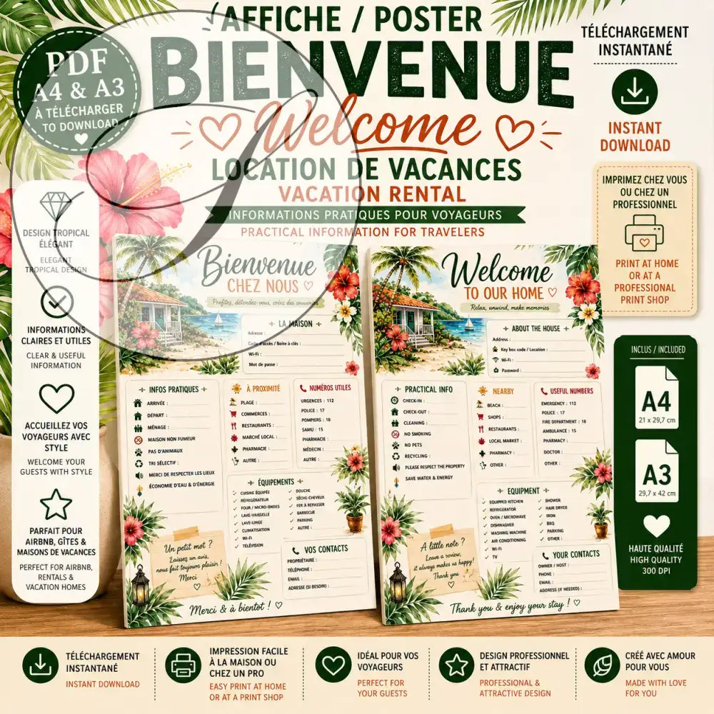 Affiche bienvenue maison tropicale avec hibiscus rose et palmiers pour location vacances sign instant download