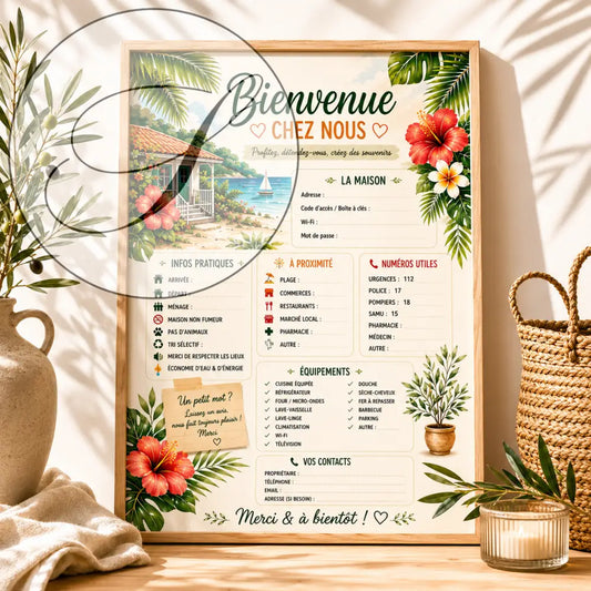 Affiche bienvenue maison encadrĂ©e avec fleurs dâhibiscus rouges, feuilles de palmier