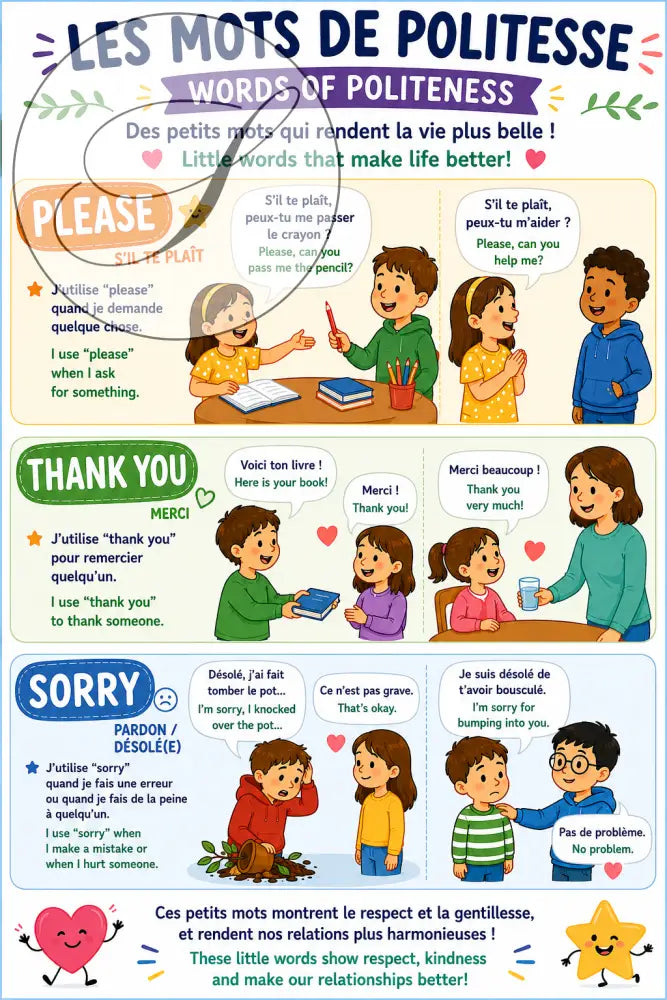 Colorée affiche éducative tt montrant scènes illustrées avec mots français polis please merci désolé et traductions anglaises