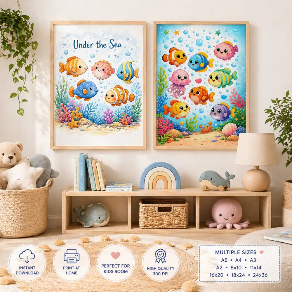 Deux affiches chambre bébé animées avec poissons colorés et animaux marins sur fond océanique vibrant