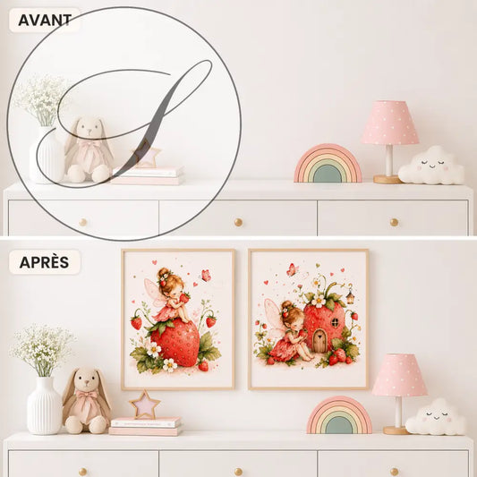 Deux affiches chambre bébé avec décoration fée fraise en couleurs pastel pour affiche enfant à imprimer
