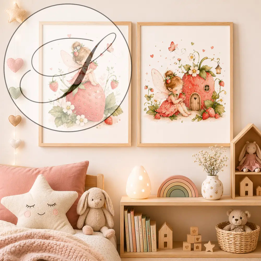 Deux affiches chambre bébé avec fées en robes roses et cadre bois clair pour deco chambre enfant à imprimer