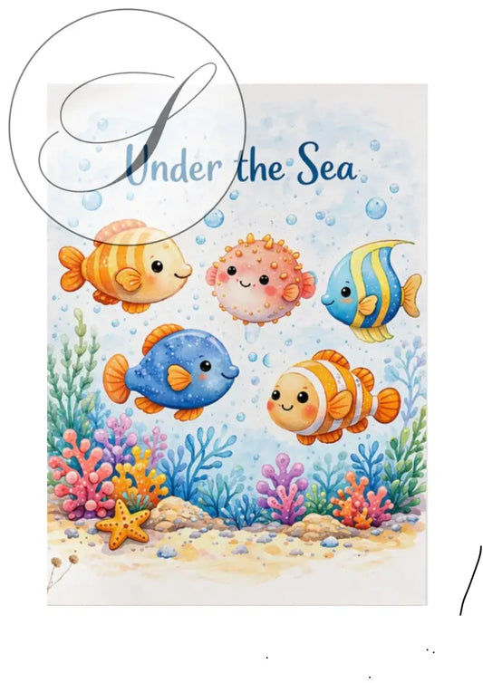 Affiche chambre bébé avec couverture livre enfant sous la mer poissons colorés corail et algues en A3 et A4