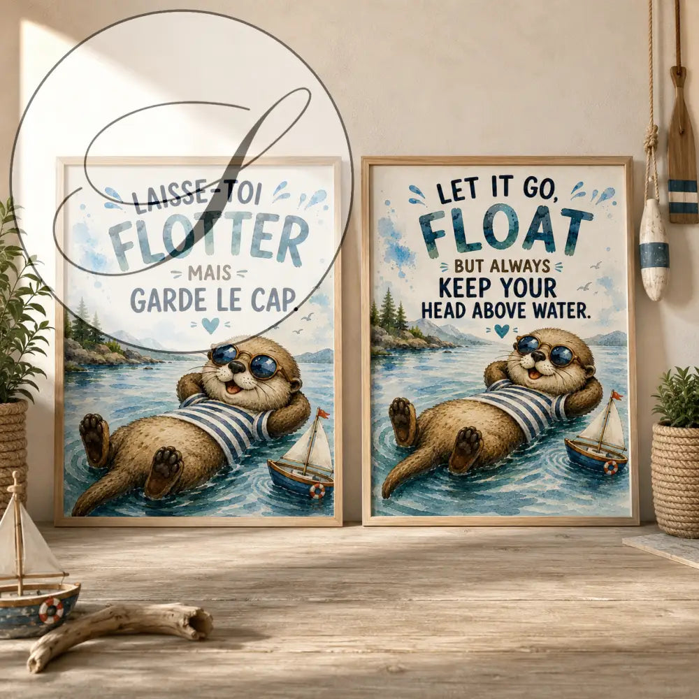 Deux affiches encadrées avec loutres en maillot rayé flottant sur l'eau et phrases motivantes