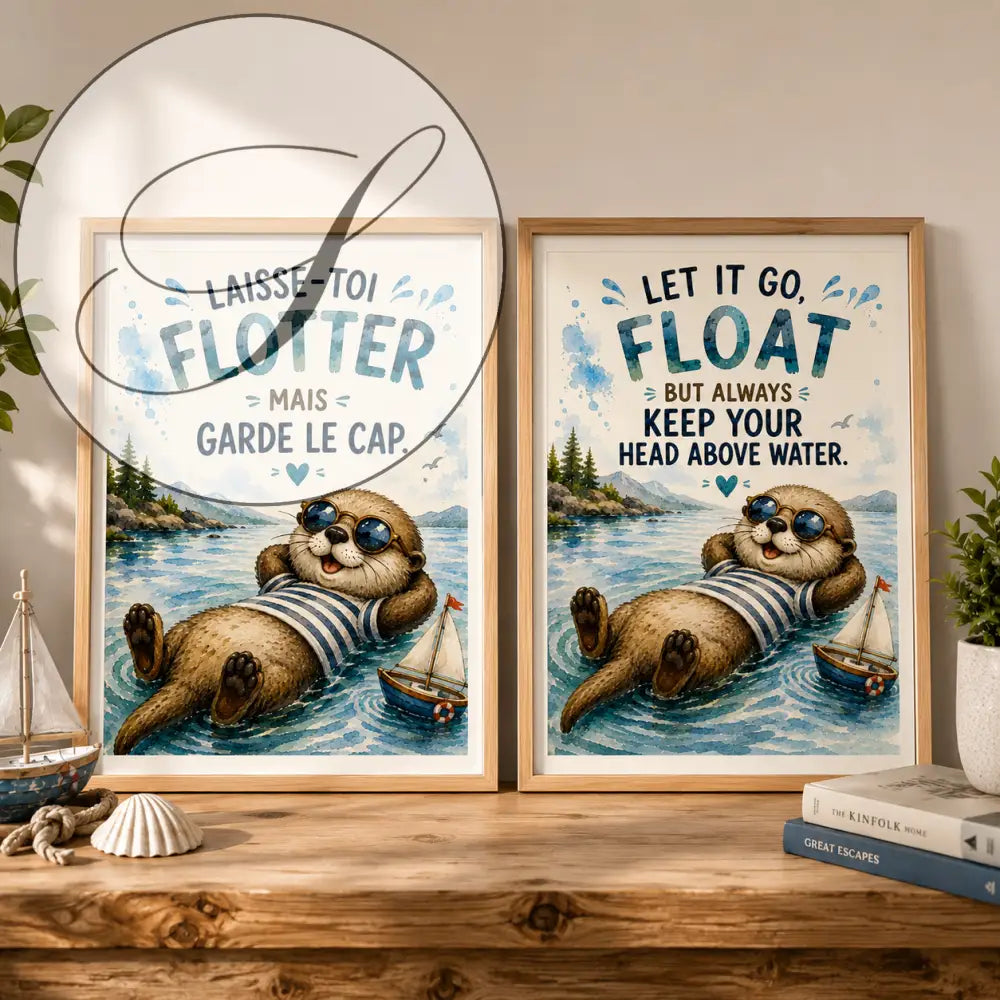 Deux affiches encadrées avec loutres en marinière flottant et messages en français et anglais