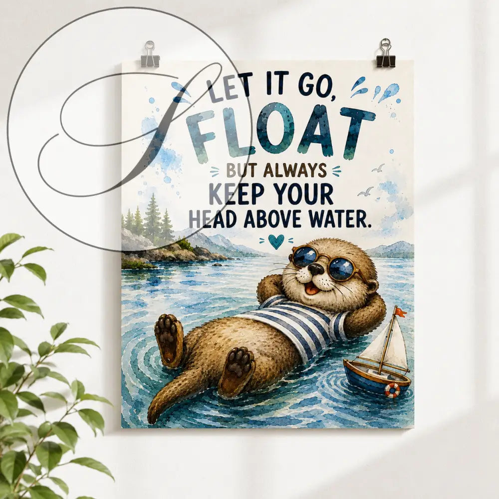 Affiche aquarelle avec loutre en lunettes et marinière flottant sur l'eau bleue avec texte inspirant