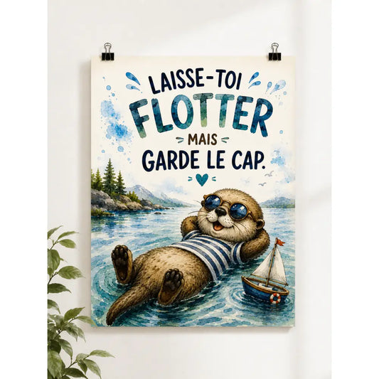 Un poster aquarelle charmant avec une loutre brune en short de bain rayé bleu blanc flottant près dun petit voilier