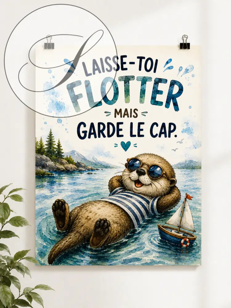 Affiche aquarelle avec une loutre brune en short de bain rayé flottant près d'un petit voilier