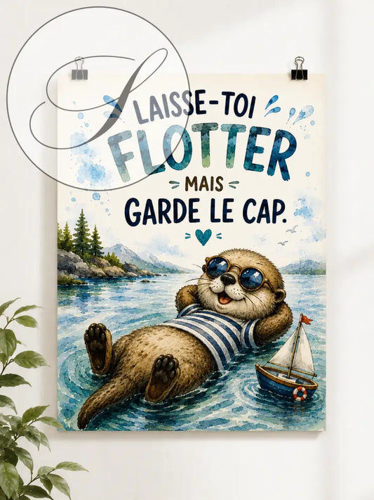 Un poster aquarelle charmant avec une loutre brune en short de bain rayé bleu blanc flottant prÚs dun petit voilier