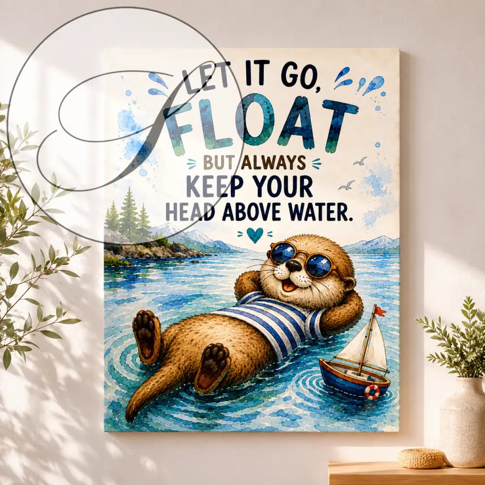 Affiche loutre cartoon en maillot rayé bleu et blanc flottant près d'un petit voilier