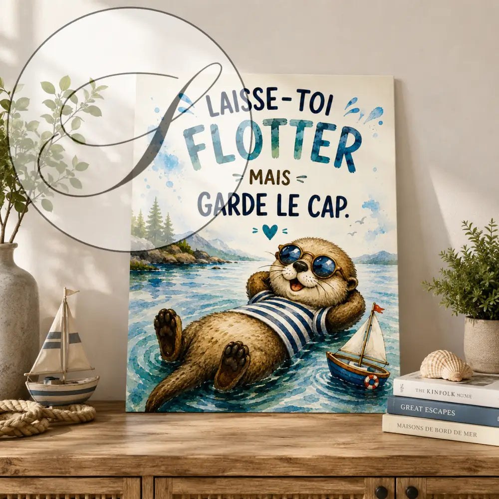 Une toile aquarelle charmante illustrant une loutre dessin animé en maillot rayé
