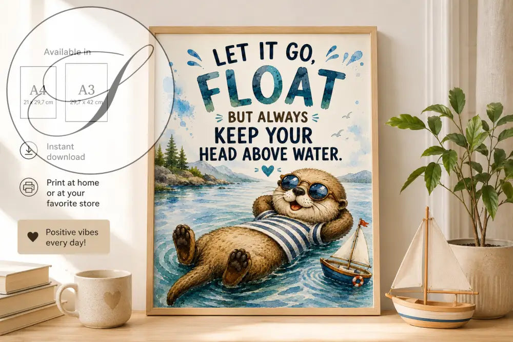 Affiche encadrée avec loutre cartoon en lunettes de soleil flottant sur l'eau et texte inspirant