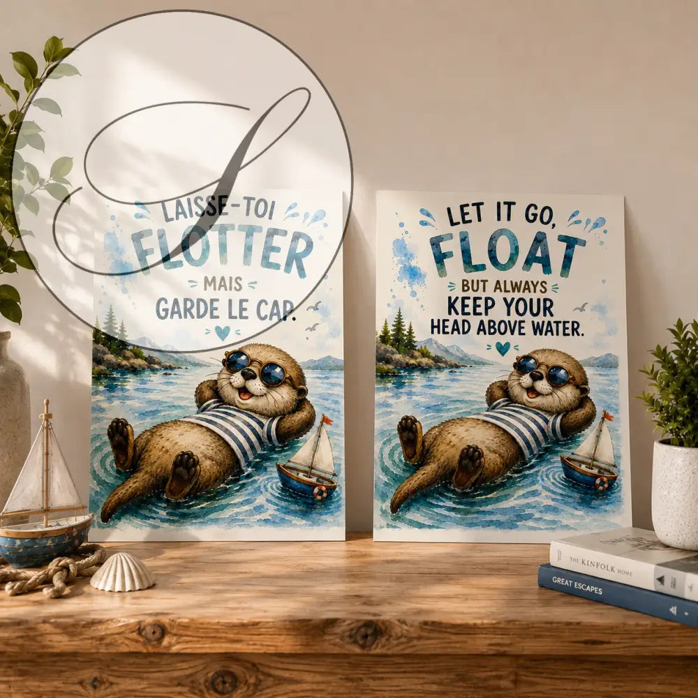 Deux affiches encadrées avec loutre en lunettes et marinière flottant sur l'eau, texte français et anglais