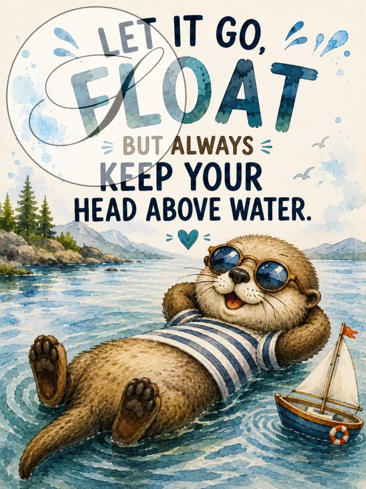 Un loutre cartoon portant un maillot de bain rayé bleu et blanc et des lunettes de soleil brunes flotte dans l’eau rt