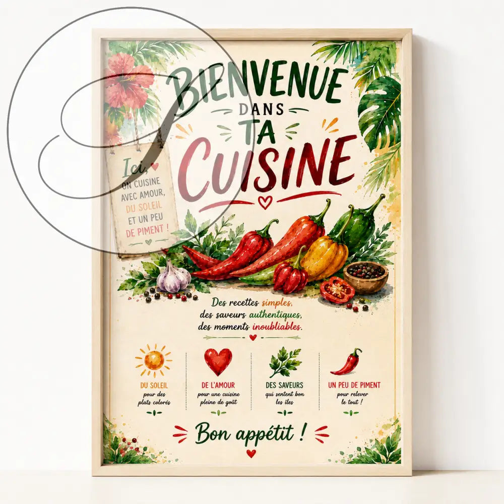 Affiche cuisine piment rouge poster déco murale avec design aquarelle rustique de poivrons rouges, ail et herbes