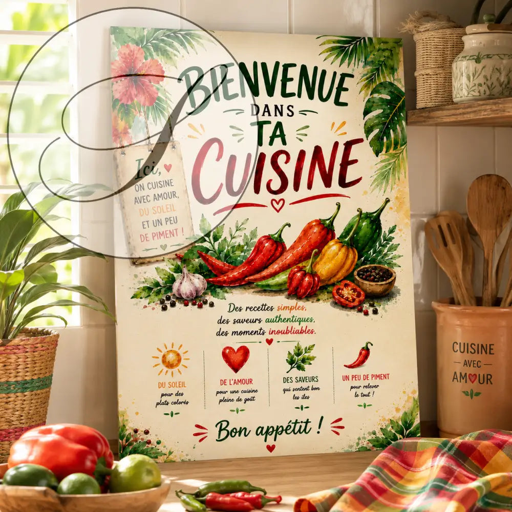 Affiche cuisine piment rouge vibrante avec texte bienvenue dans ta cuisine, poivrons colorés et herbes sur fond crème