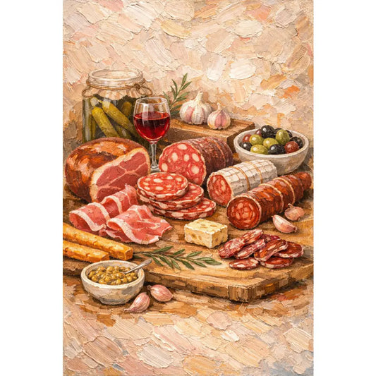Affiche cuisine déco mural artistique avec fromages, charcuterie