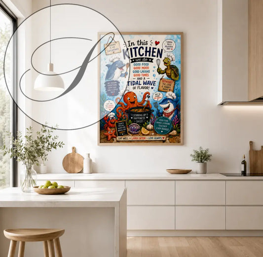 Affiche encadrée wdr colorée avec dessins de dauphin et pieuvre en toque de chef sur fond bleu pour cuisine