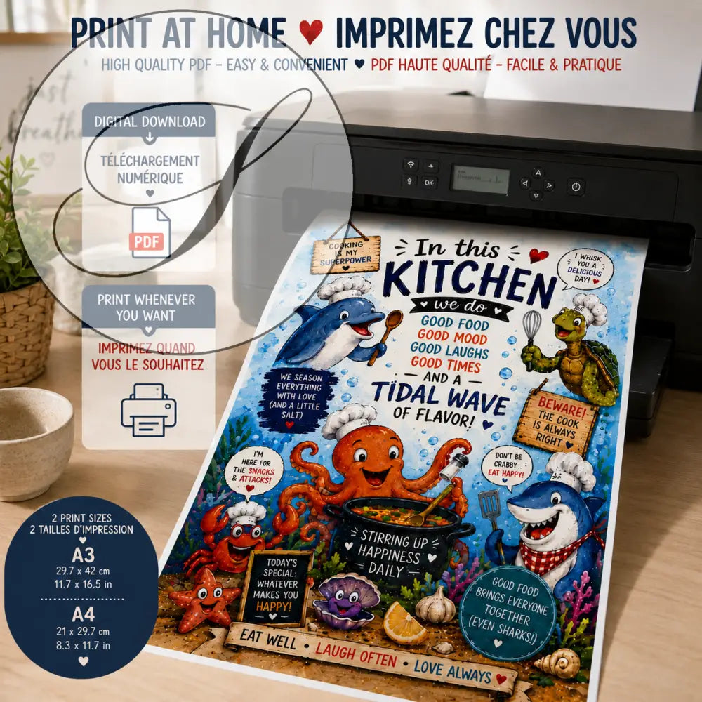 Affiche cuisine vintage décoration murale colorée avec créatures marines joyeuses en style cartoon à imprimer pdf