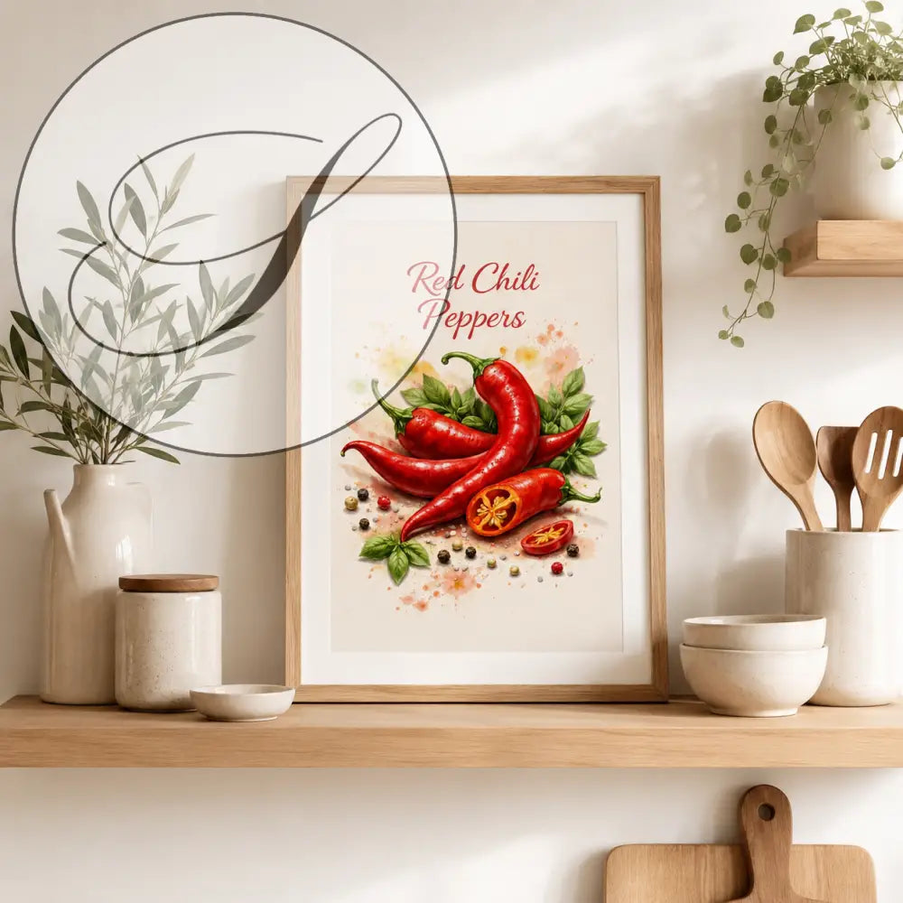 Affiche encadrée de piments rouges vifs à tiges vertes sur fond crème avec texte élégant