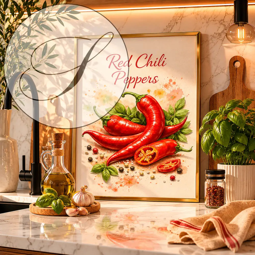 Affiche encadrée de piments rouges vifs et feuilles vertes sur fond aquarelle, cadre doré