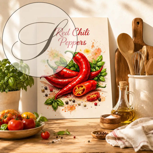 Affiche illustration vibrante de piment rouge brillant avec feuilles vertes sur fond crème et éclaboussures orange pour produit g