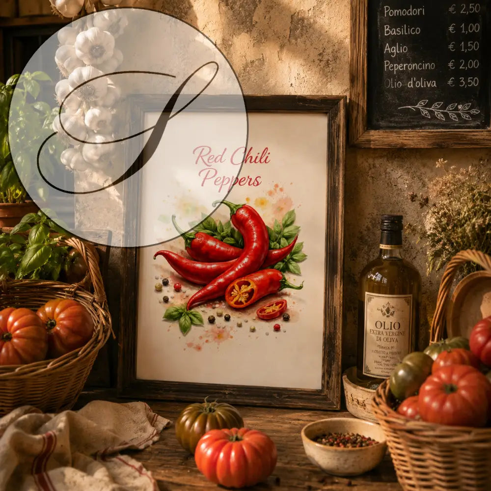 Un cadre en bois rustique avec une estampe aquarelle de piments rouges vibrants et feuilles vertes sur fond clair
