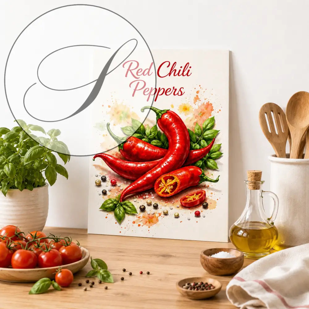 Affiche aquarelle de piments rouges et feuilles vertes, décoration murale cuisine vintage