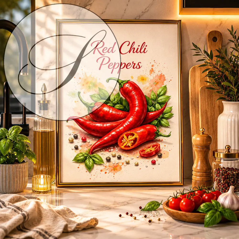 Affiche aquarelle encadrée de piments rouges avec feuilles vertes et grains de poivre sur fond chaud