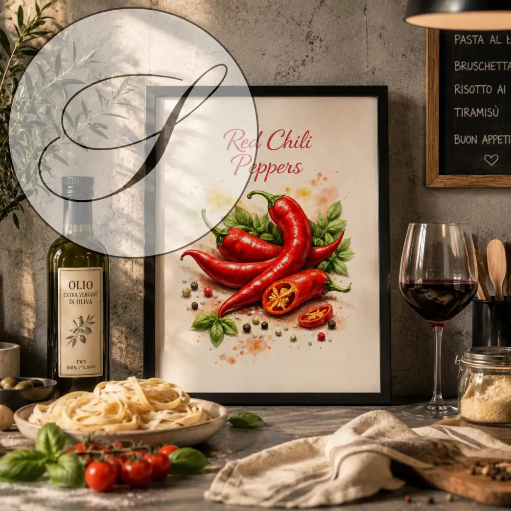 Une illustration encadrée de piments rouges vibrants avec feuilles vertes et grains de poivre dans un cadre noir