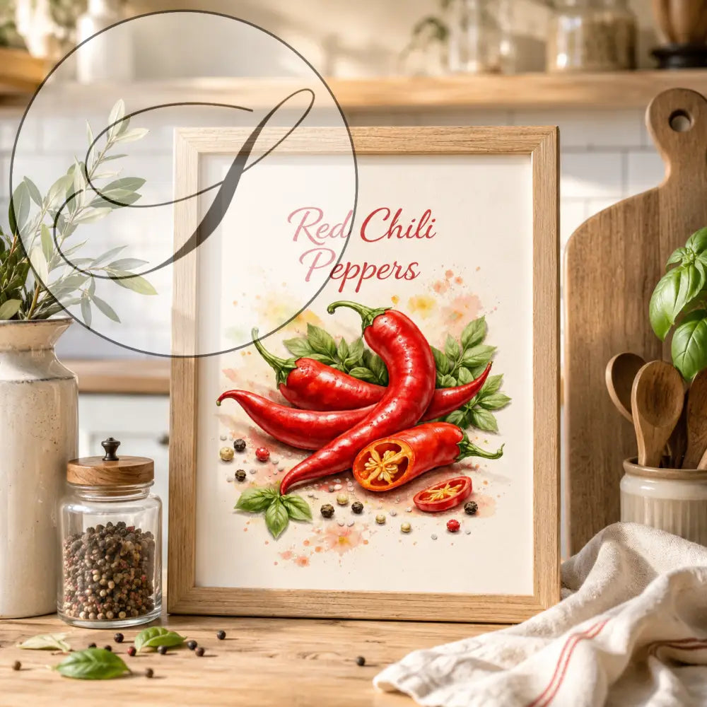Un cadre avec une estampe aquarelle de piments rouges vifs aux tiges et feuilles vertes sur fond crème doux