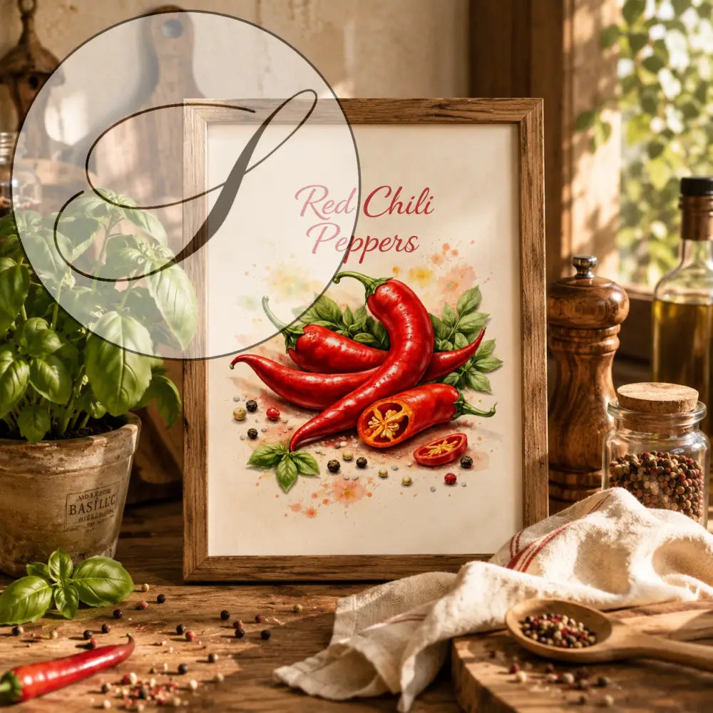 Impression encadrée rustique en bois avec illustration vibrante de piments rouges et feuilles vertes sur fond crème