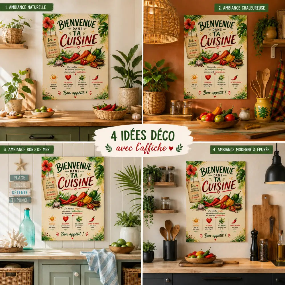 Affiche cuisine piment rouge avec légumes colorés et texte bienvenue dans ta cuisine sur fond beige
