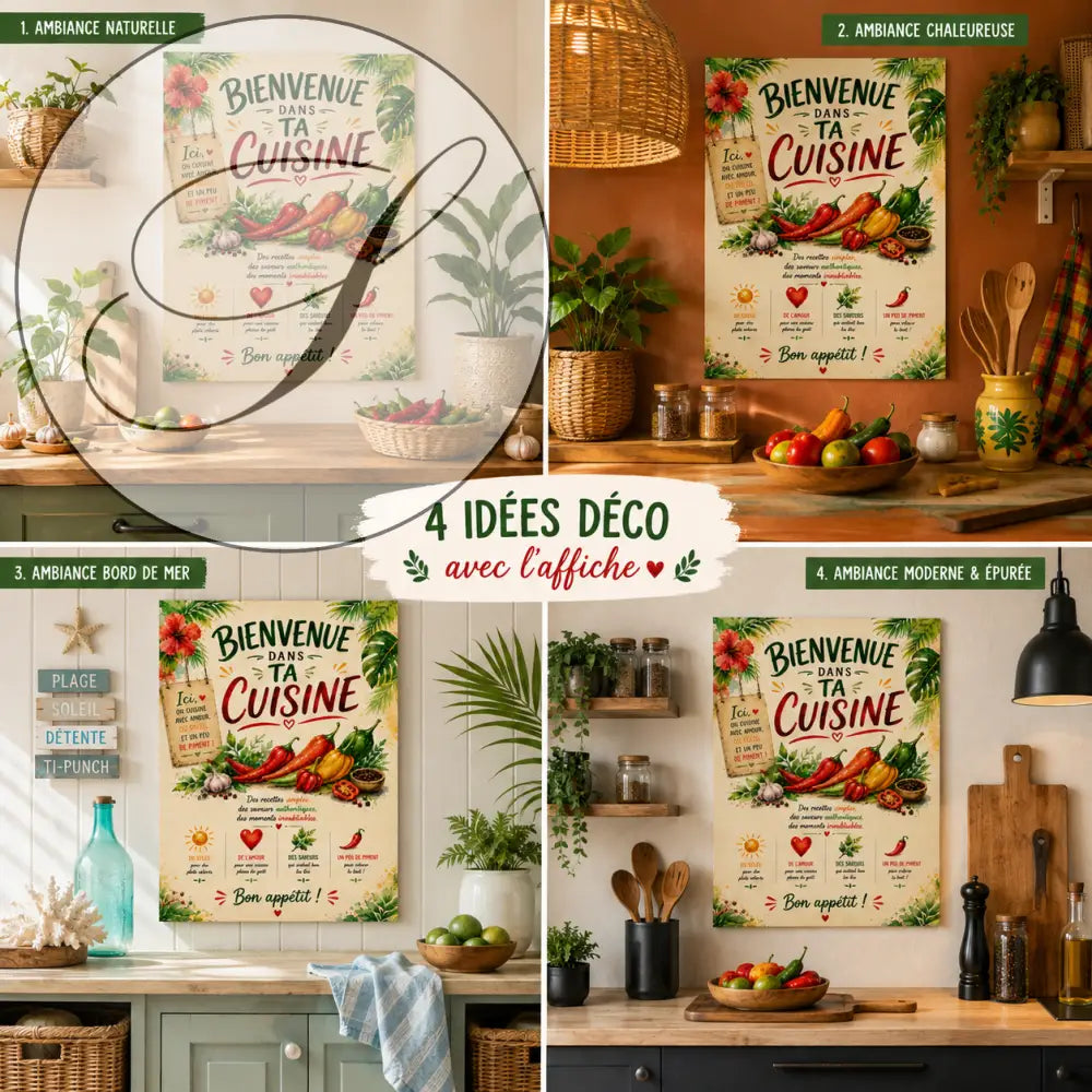 Affiche cuisine piment rouge avec légumes colorés et texte bienvenue dans ta cuisine sur fond beige