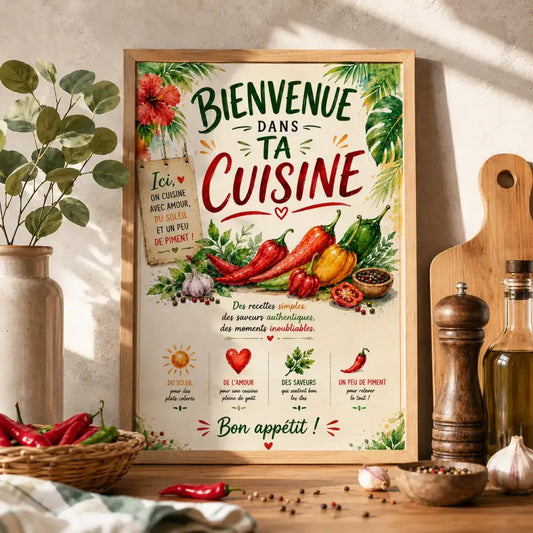 Un poster encadré avec un cadre en bois rustique illustrant des piments rouges et jaunes ail et feuilles vertes