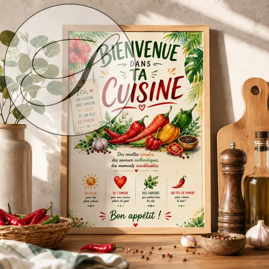 Un poster encadré avec un cadre en bois rustique illustrant des piments rouges et jaunes ail et feuilles vertes