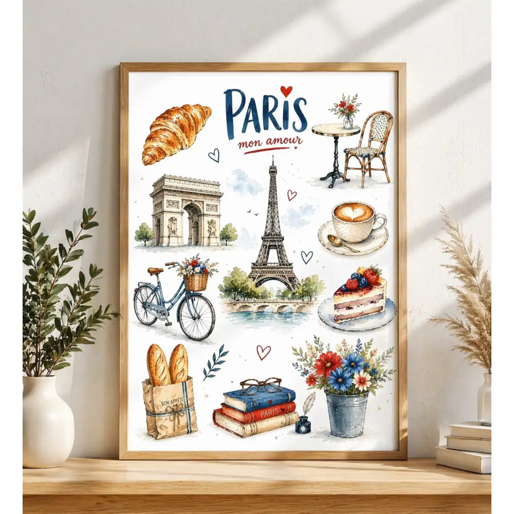 Affiche paris vintage décoration murale élégante avec illustrations aquarelles de paysages parisiens et viennoiseries